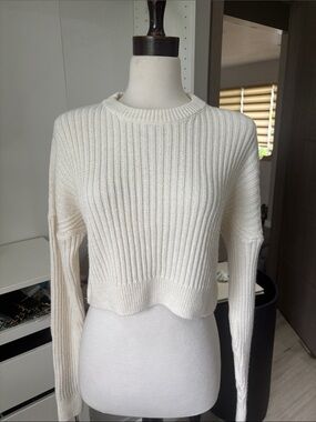 Urban Outfitters Cream Ribbed Cropped Crew Sweater